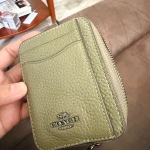 Coach Olive Green Pebbled Leather Card Holder with Chain